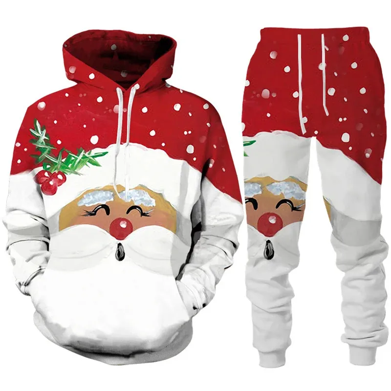 남성용 트랙복 크리스마스 산타 클로스 3D 프린트 남자 여자 까마귀 바지 2pcs 세트 연도 휴일 파티 캐주얼 대형 풀오버 트랙 슈트 세트 231117
