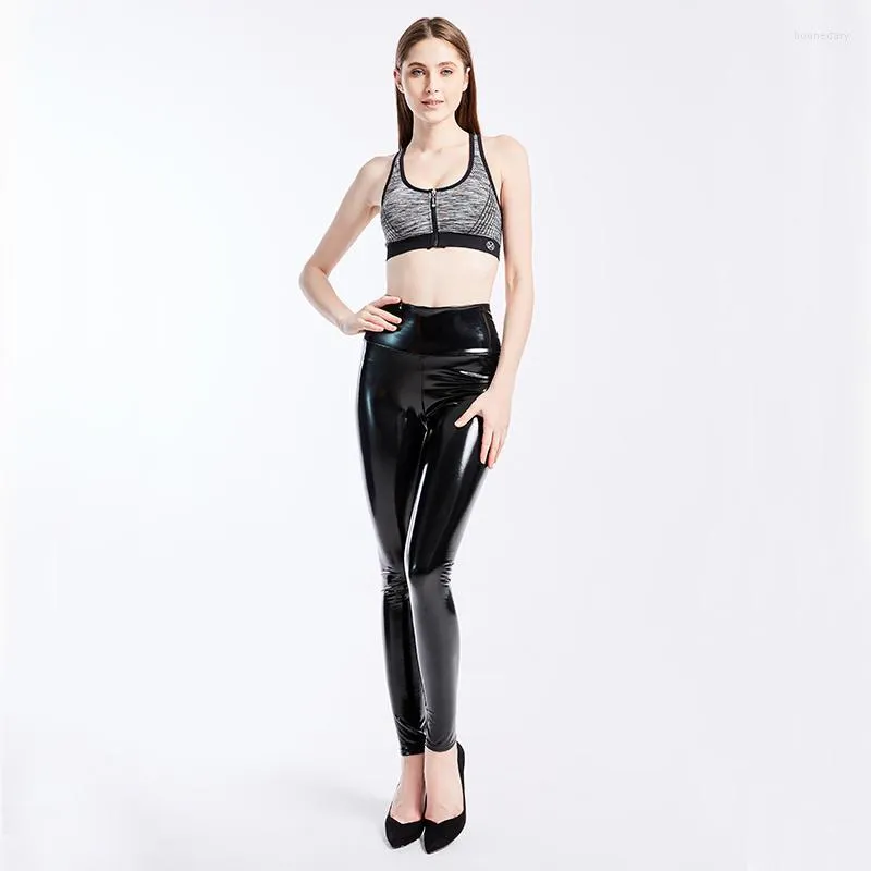 Kvinnors leggings 2023 kvinnor svart vin marin smal sexig hög midja elastisk pu läder mager byxor glänsande våt look metallisk latex l