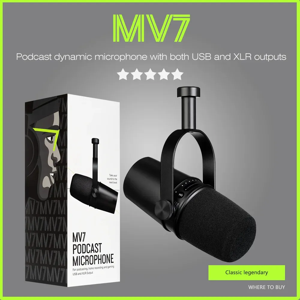 Micrófonos USB Podcast Todo Metal USB XLR Micrófono dinámico MIC MV7 para grabación de podcasting Transmisión en vivo Juegos 231117