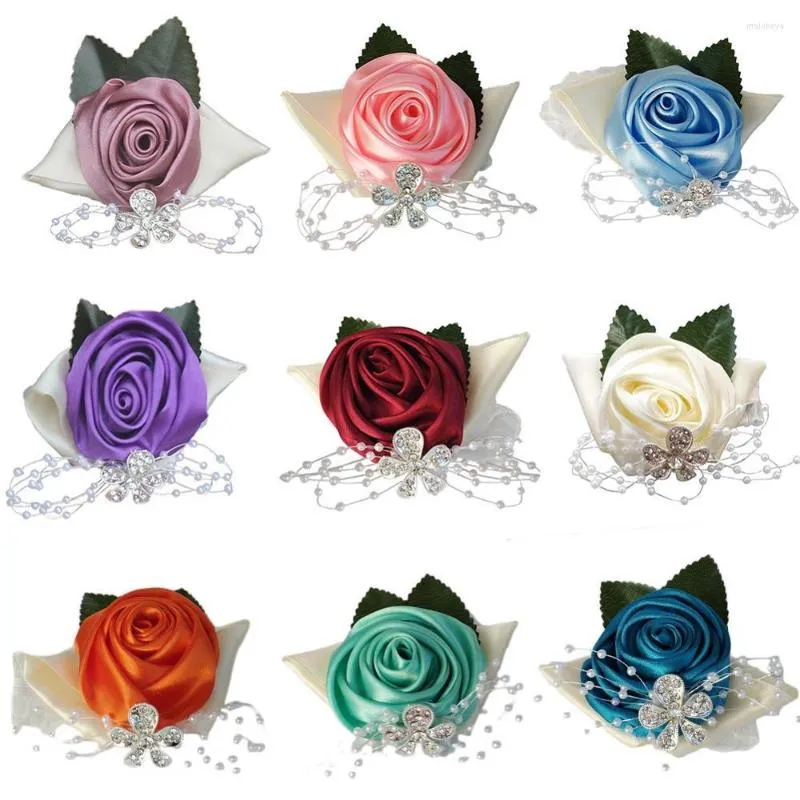 Dekorativa blommor Många stilar handleds Corsage Flower Pe Rose Bride Ribbon Wedding Silk på armbandet han