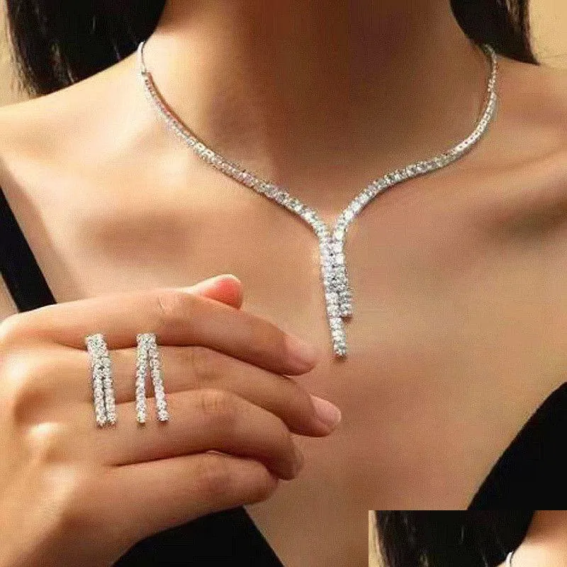 Overige Sieradensets Eenvoudig Geometrisch Zirkonia Ketting Oorbellen Dames Kristal Voor Bruiloft Bruid Sieradensets Accessoires Drop D Dhgarden Otskf