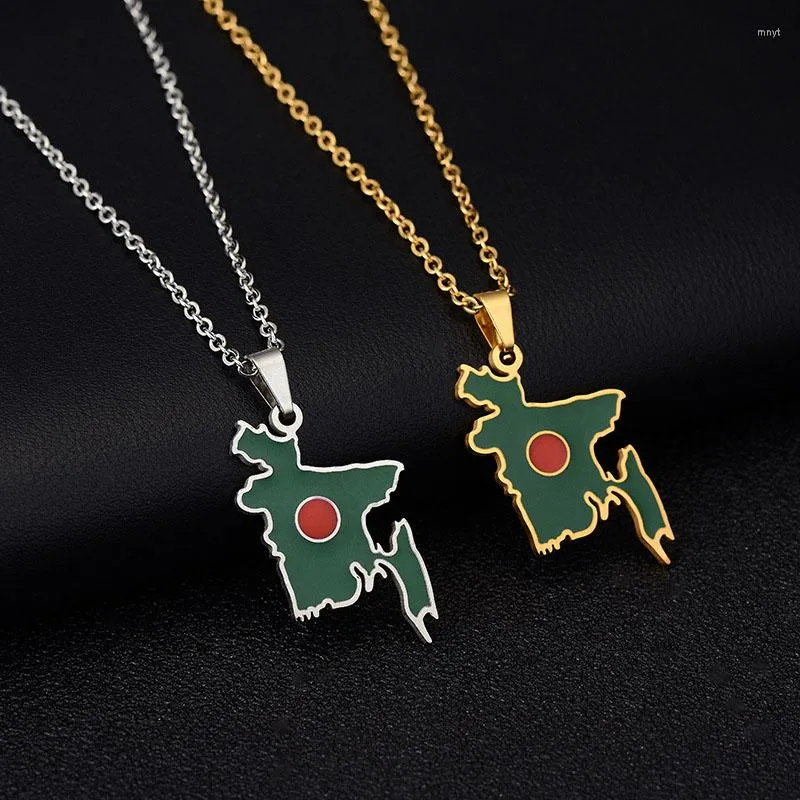 Pendant Necklaces 18K Gold Plated Bangladesh Map Flag Gold/Silver Necklace For Men Women Enamel Stainless Steel Country Jewelry