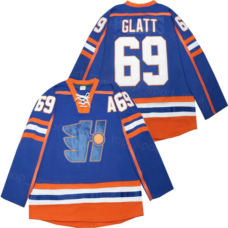 영화 하키 핼리팩스 하이랜더 69 Doug Glatt Jersey The Thug Goon College 모두 스포츠 팬을 위해 스티치되었습니다. 통기 가능한 빈티지 풀오버 팀 컬러 블루