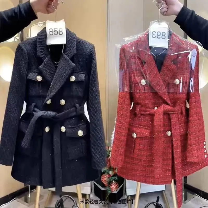 2024 Women s Fashionable Trench Coat European American Luxury Check Style Loose Fit Midi Coat 100 Cotton Black Burgundy S 3XL