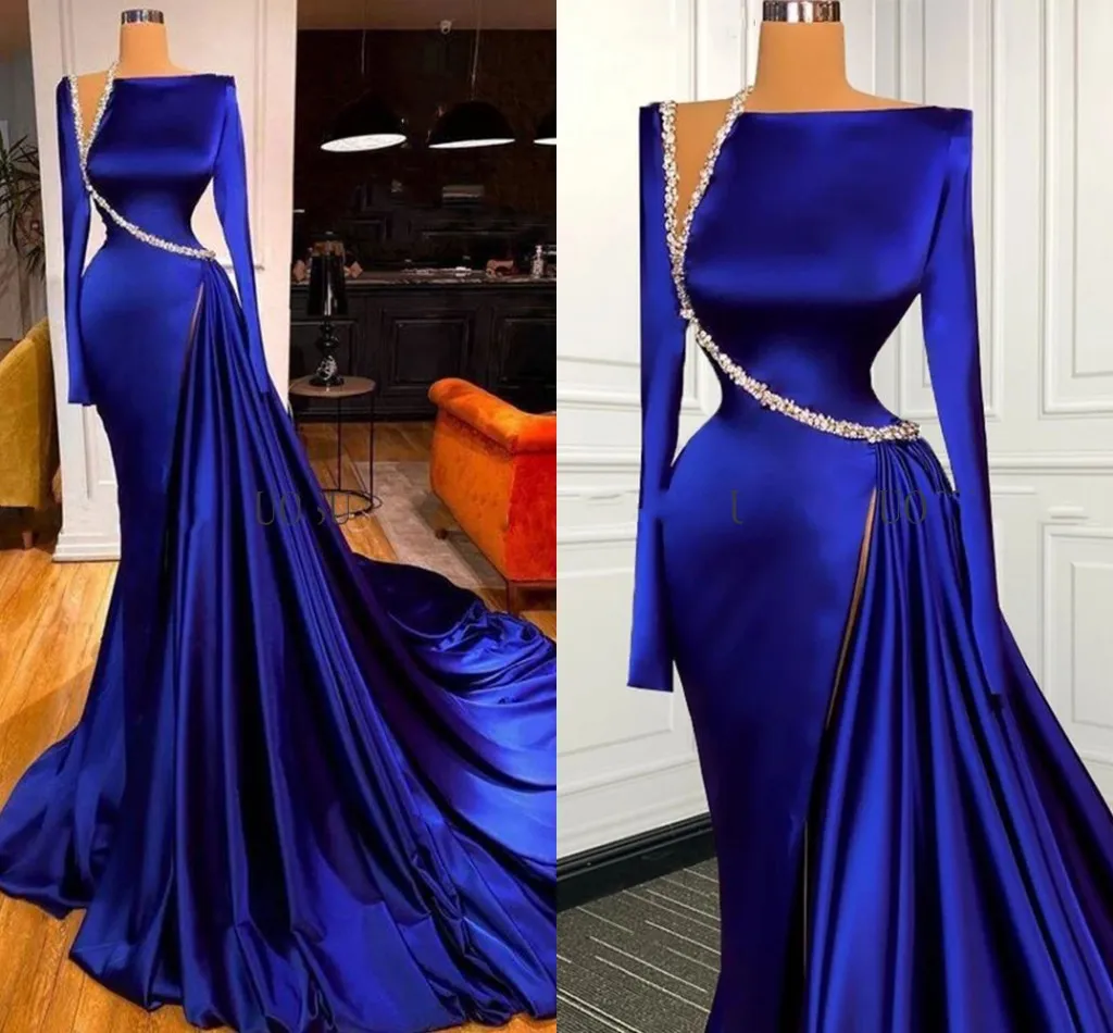 Royal Blue Prom Party Dress 2023 Luxury Long Sleeves Mermaid Beading Satin Girls Women Evening Formal Gowns Robe de Soiree Anpassad