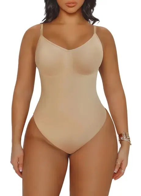 Smooth Out V Neck Low Back Shapewear Bodysuit With Open Crotch And