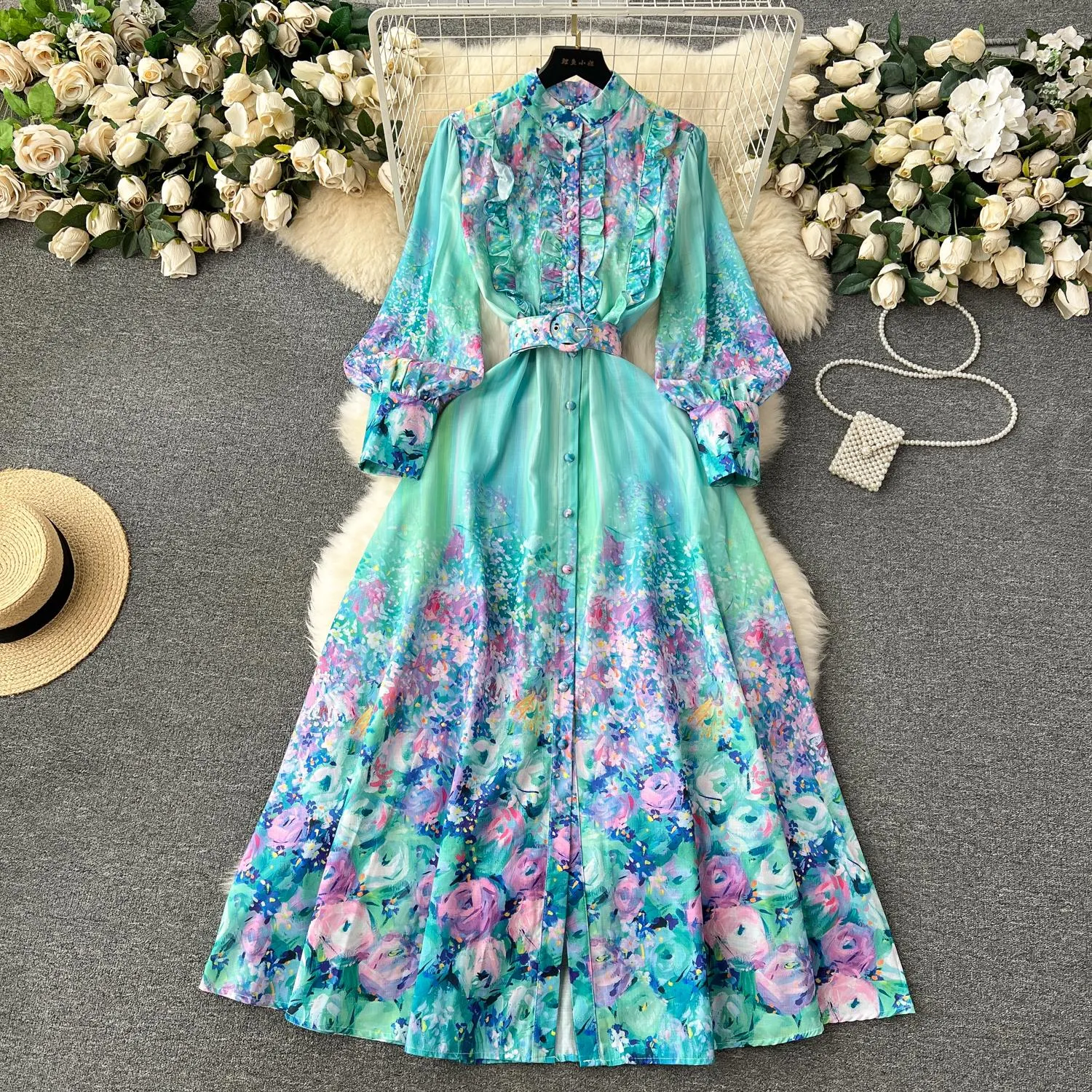 Abiti casual New Fashion Holiday Flower Maxi Dress Colletto alla coreana Manica a lanterna Stampa floreale Cintura con volant Boho Robe Vestidos 2024