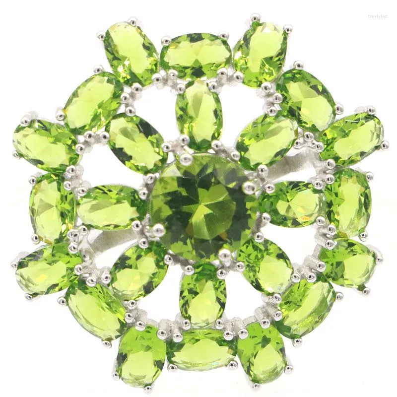 Klusterringar 33x33mm elegant 7.5 g grön peridot blå akvamarina kvinnor gåva datering verklig 925 solid sterling silver