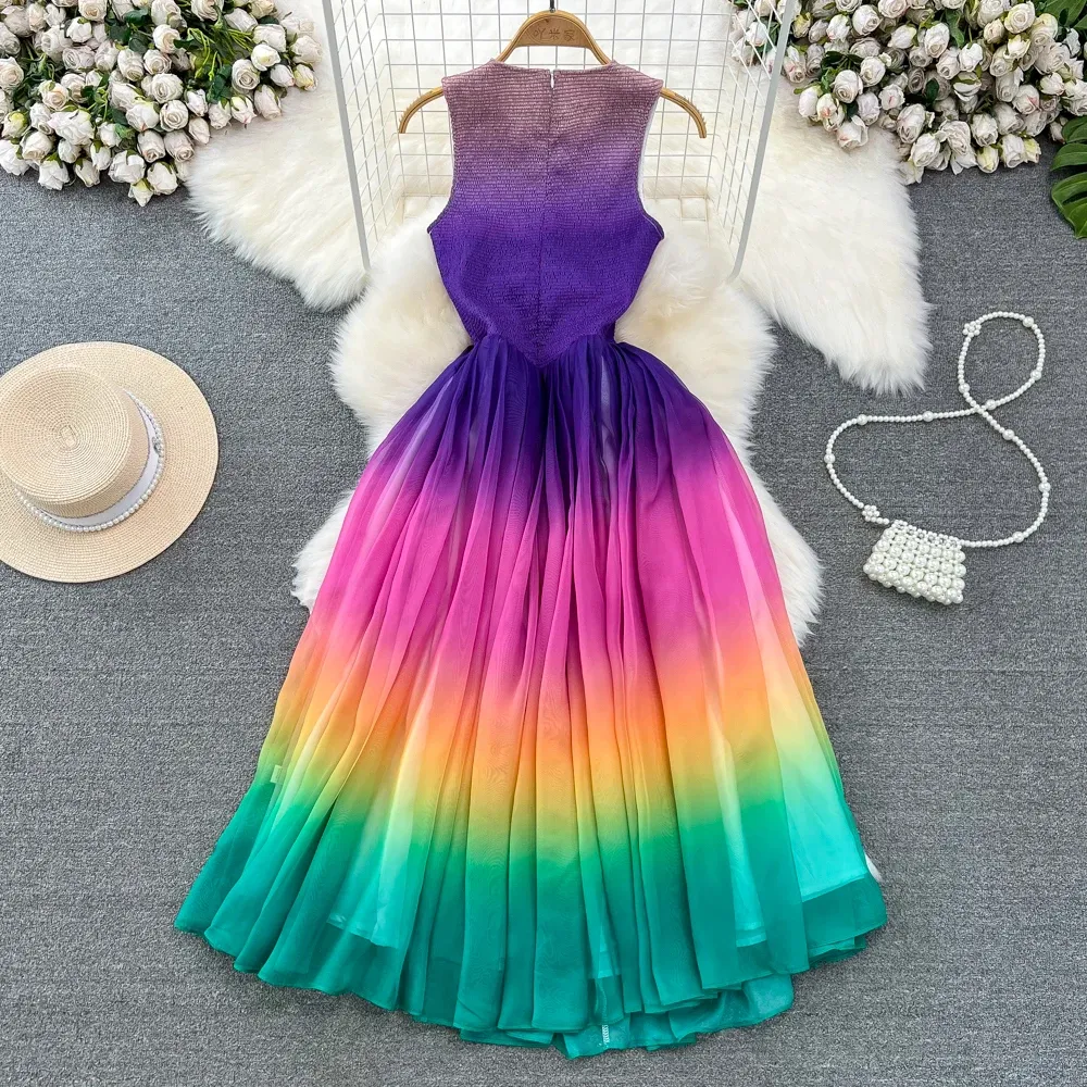 Casual Dresses Women Fashion Summer Tank Dress Elegant Gradient Color Round Neck Sleeveless Slim A Line Long Holiday Beach Party Dress 2024