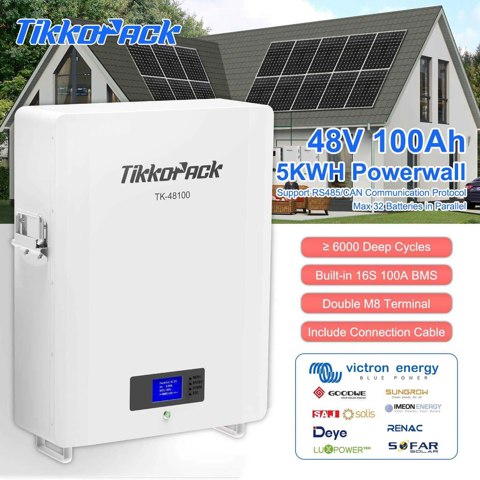 Tikkopack 48V 100AH Powerwall 5KWH LifePO4バッテリーパック6000+サイクルRS485 CAN 16S 100A BMS 5KWソーラー10年保証