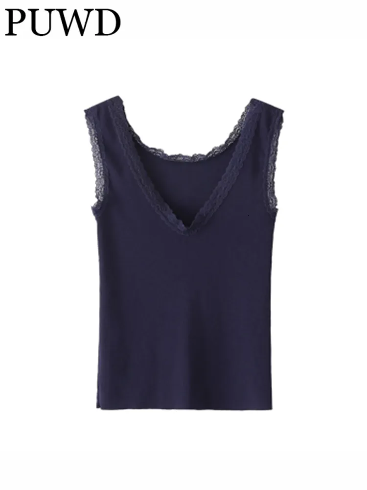 Women's Tanks Camis PUWD Women Causal Navy V Neck Lace Slim Summer Fashion Ladies Sweet Female Knitted Soft Cotton Solid Color Top 230418