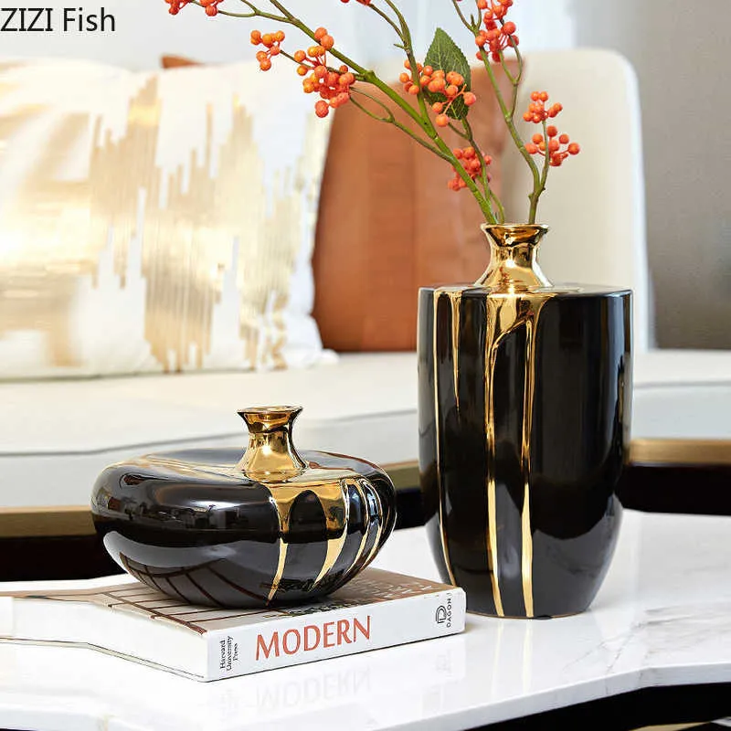 Vaser modern lyx keramisk vasblommor arrangemang torkad blomma dekoration svart guld vas vardagsrum dekoration blomma vas hem y23