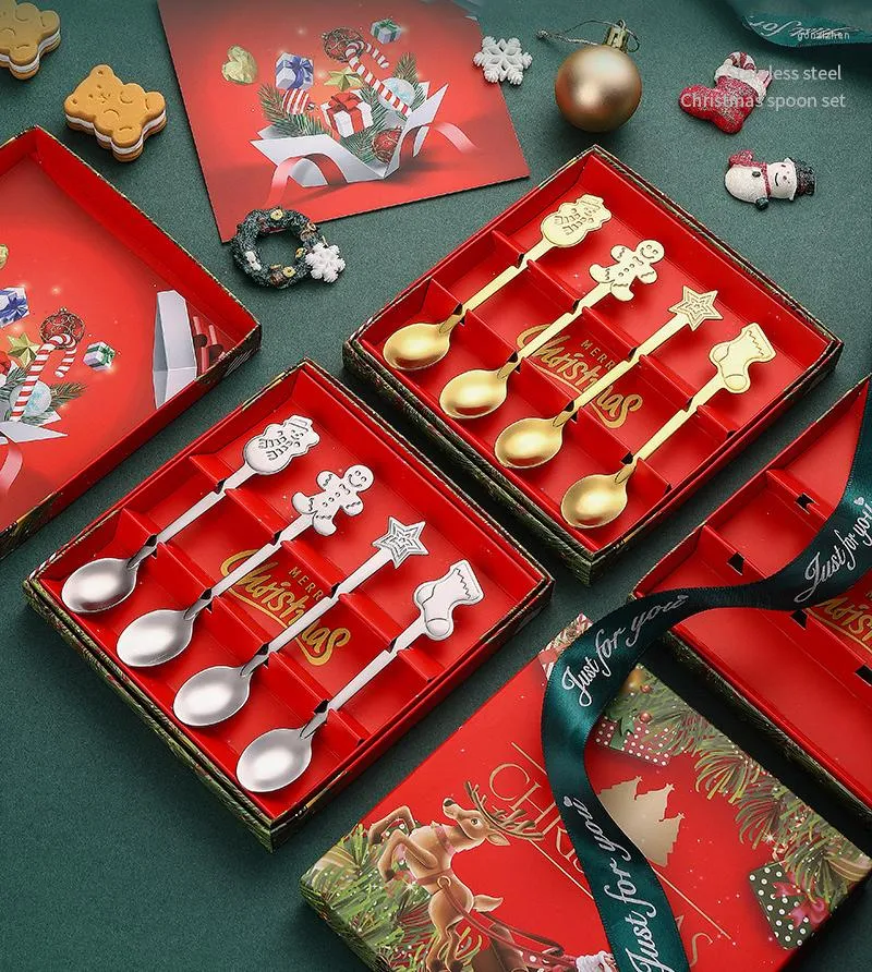 Set di stoviglie 4 pezzi Set di stoviglie per feste di Natale Cucchiaini da caffè Cucchiaio da dessert Decorazioni natalizie per la tavola di casa Accessori da cucina Anno 2023