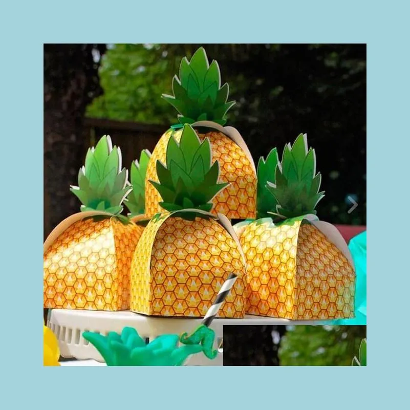 Cadeau Wrap Papercard Ananas Boîtes Favoris Traiter Bonbons Anniversaire Bonbons Gâteau Sac Hawaiian Party Beach Table Décor Événements Yello Dhosp