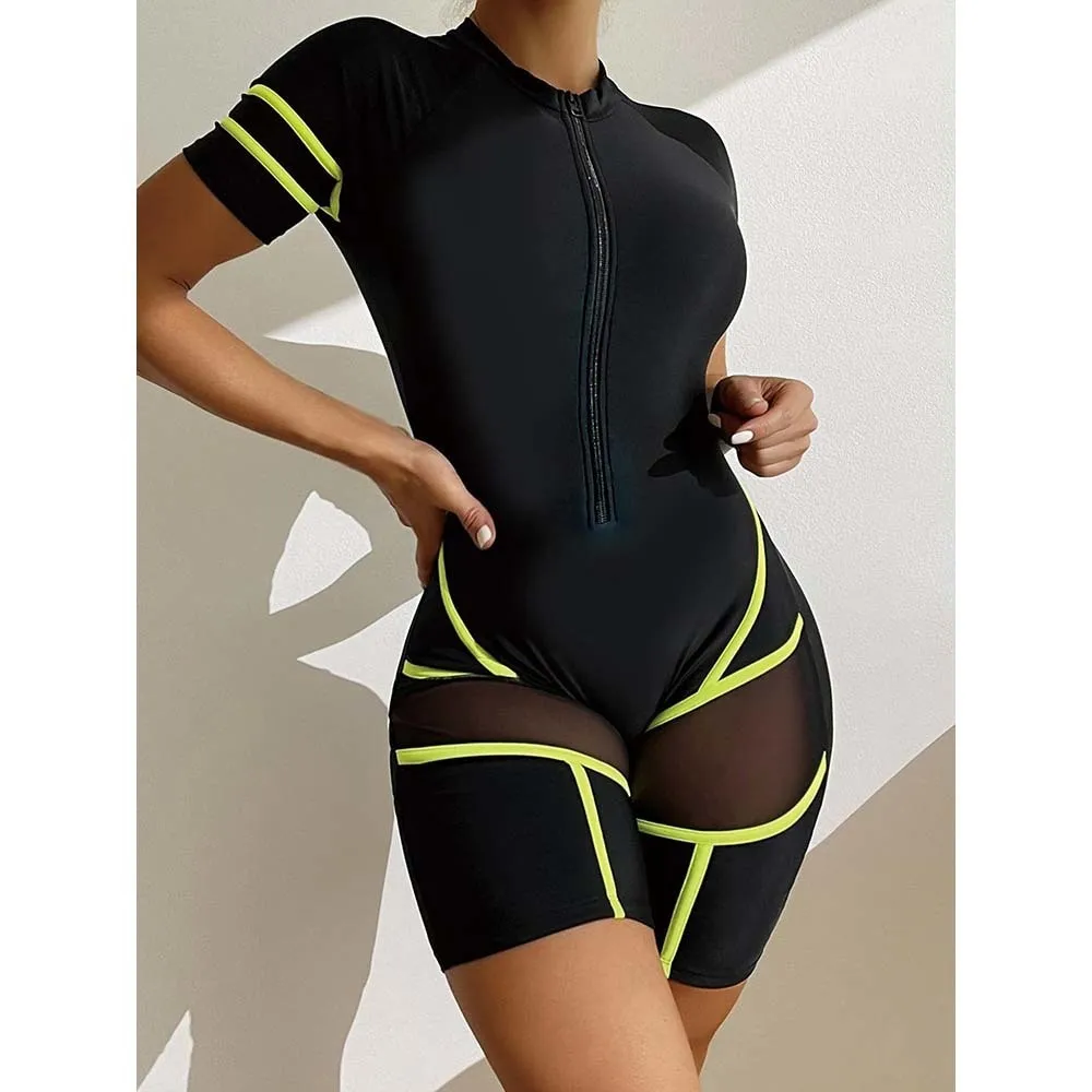 Swim Wear Swimsuit Women Contrast Mesh Sport Swimwear Female Striped Zip Front Monokini Athletic Beach Bathing Suit 230414