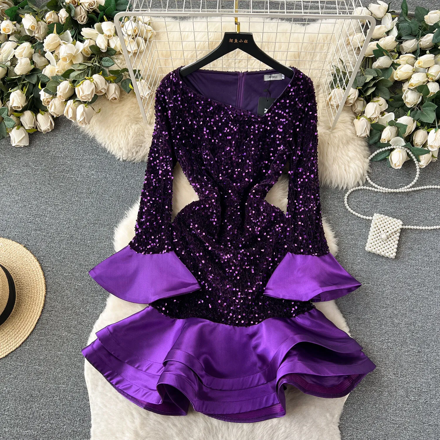 Casual Dresses High Quality Ladies Purple Party Dress Women Elegant Luxury Flare Long Sleeve Asymmetrical Ruffled Sparkly Sequins Dress 2024