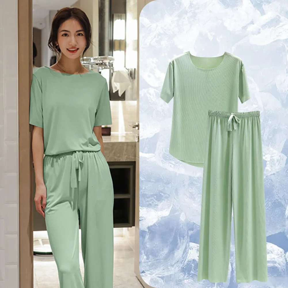 Kadın pijama fdfklak kısa kollu iki parça set yaz yeşil pijama takımları kadınlar için moda yumuşak pijama Kore gevşek geceleme 230418
