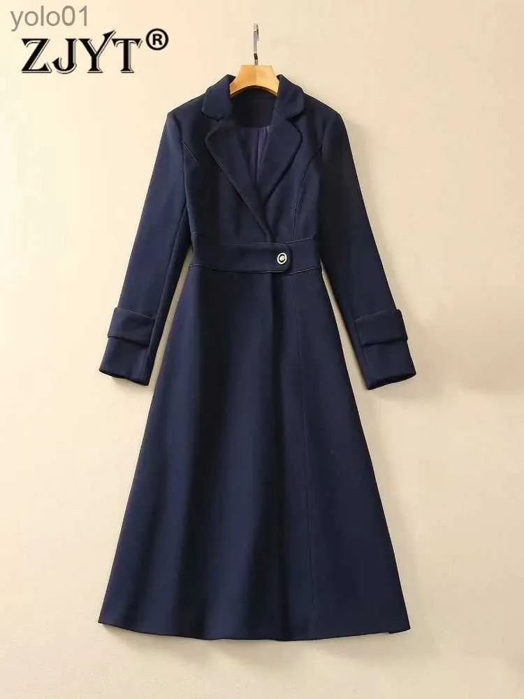 Women's Wool Blends Zjyt Autumn Winter Long Woolen Jacket For Women 2023 Elegant Blue Wool Blends Coat Stäng ner kragen Ytterkläder Veste Femmel231118