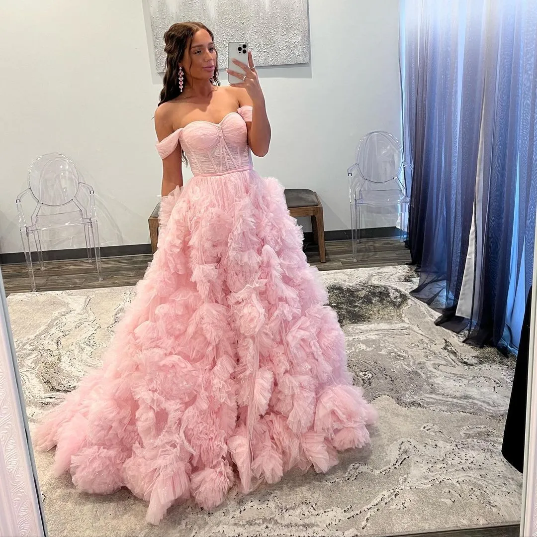 Hors épaule rose robes de bal corsage osseux jupe florale robe de soirée longue robe occasion spéciale