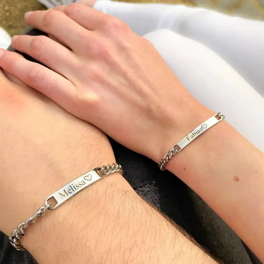 Bracciali A Catena Personalizzati Con Incisione - Gioielli Per Coppia, Famiglia O Amici - Testo Inciso A Scelta - Ricordo Unico Per Anniversari E Matrimoni (Argento O Nero) - 2