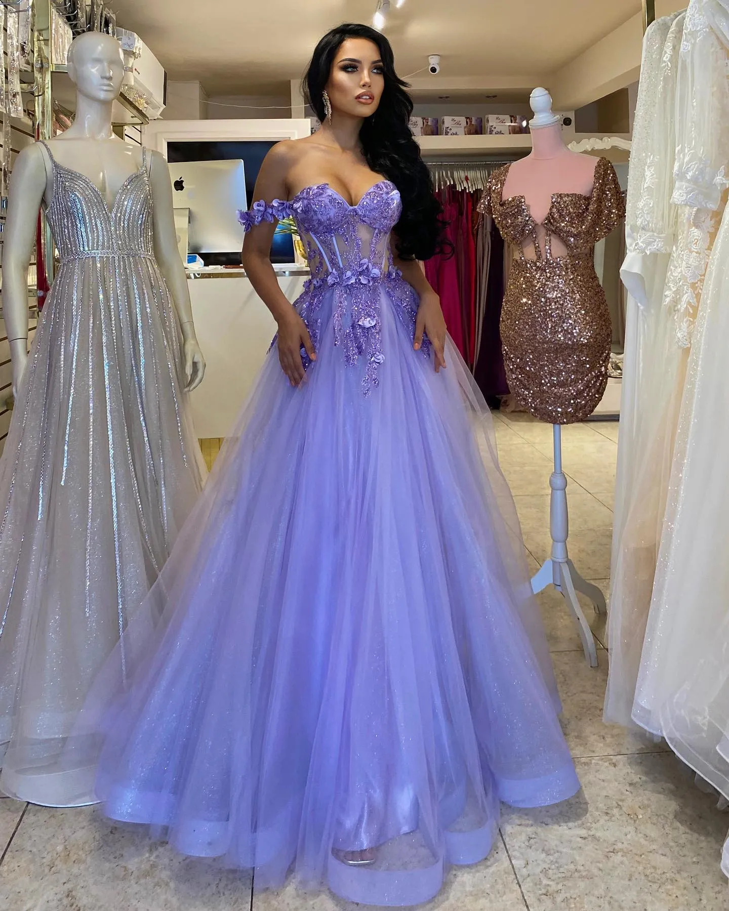 Elegant Purple A Line Prom Dresses Long for Women Sweetheart 3D Flowers See Through Tiered Tulle Formal Wear Special Occasion Birthday Pageant Evening Gowns