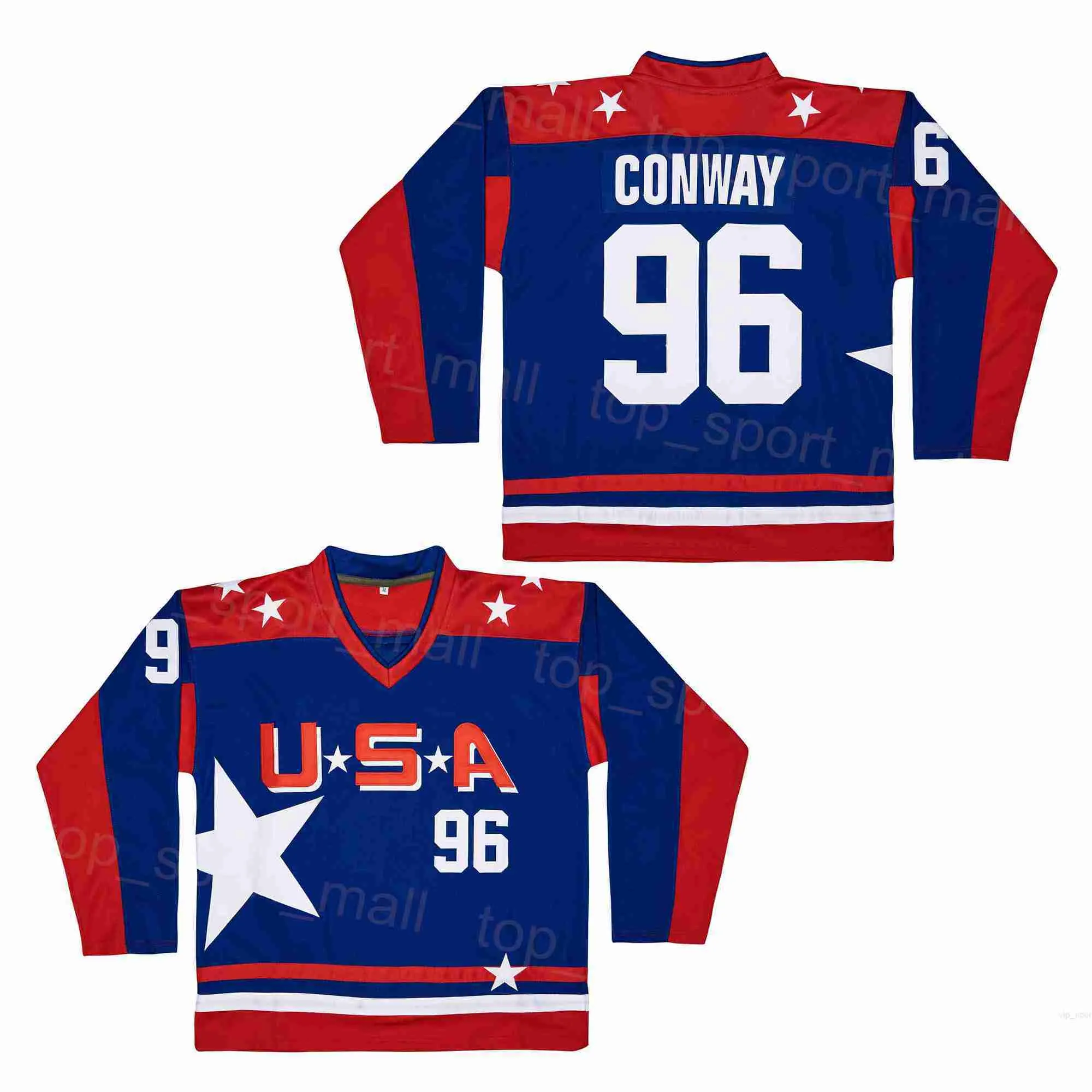 College Hockey US 96 Charlie Conway Jerseys 강력한 팀 컬러 블루 자수 및 봉제 통기 대학 빈티지 스포츠 팬 통기성 순수한면 레트로