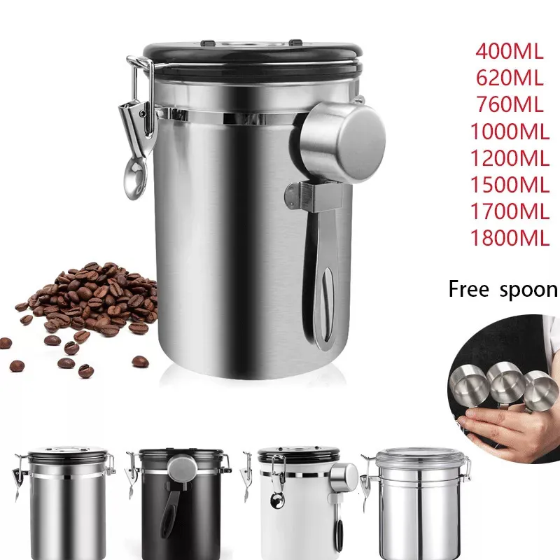 Bouteilles de stockage Bocaux En Acier Inoxydable Récipient À Café Étanche À L'air Ensemble De Boîtes Pot Avec Scoop Pour Haricots Thé 1 5L 1 8L 230418