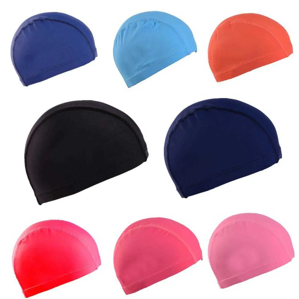 Swimming caps Waterproof elastic PU fabric for ear protection Long hair Sports swimming pool Solid color breathable summer diving cap P230531