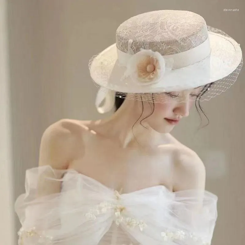 Coiffes Ivoire Dentelle De Mariage Chapeaux Pour Femmes Élégant Mousseline De Soie Fleurs Perles Coiffure De Mariée Mariage Bohème Chic Accessoire Cheveux