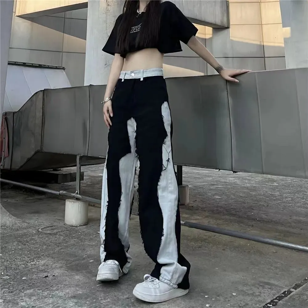 Damen Jeans Harajuku High Street Spleißen Gerade Jeans Weibliche Mode Gothic Kleidung Y2K Streetwear Weites Bein Baggy Jeans Hosen Frau 230417