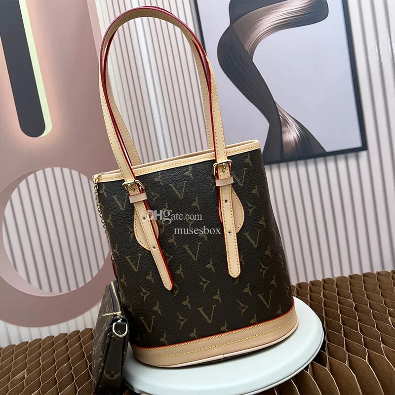 High Quality small bucket bag brown luxurys handbags leather shoulder crossbody composite bag detachable classic handle purses shopping totes lady clutch bag