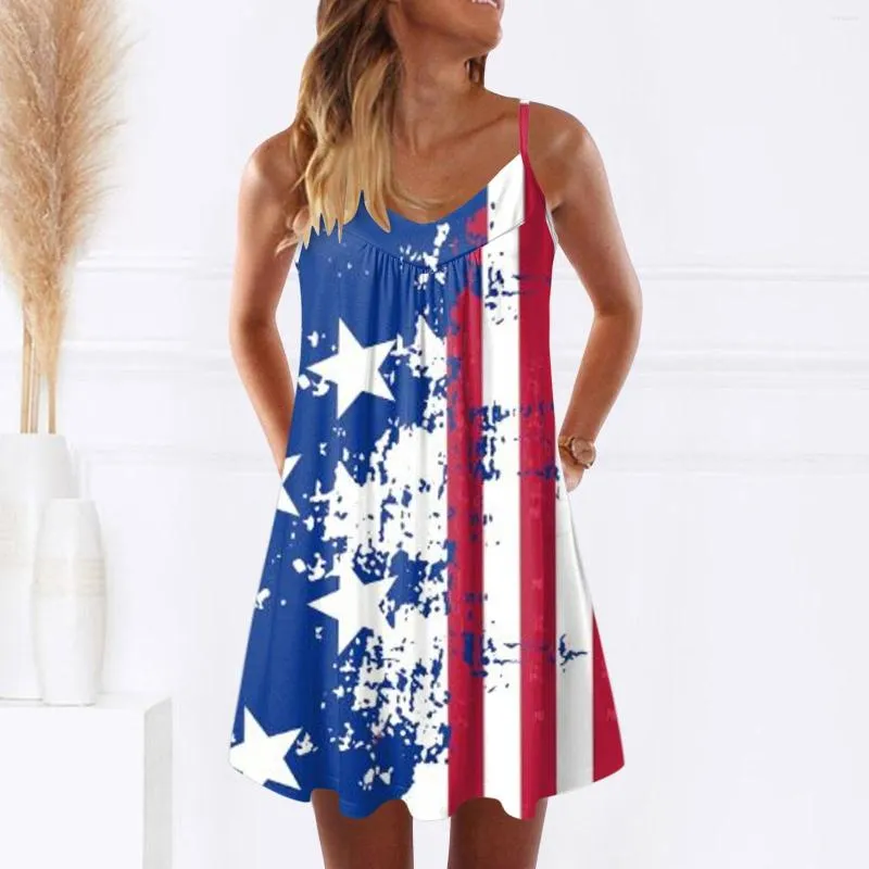 Casual Dresses Independence Day For Women's American 4 Of July Printed Boho Sundress Split Neck Dress Women 2023 Party