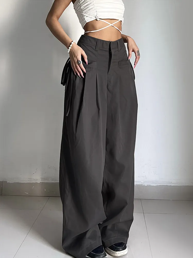 Kvinnors byxor Capris Shirring Casual Wide Leg Pants Women High Waist Street Basic Loose Sweat Trousers Korean Retro Grey Office Y2K Lady Pants 230417