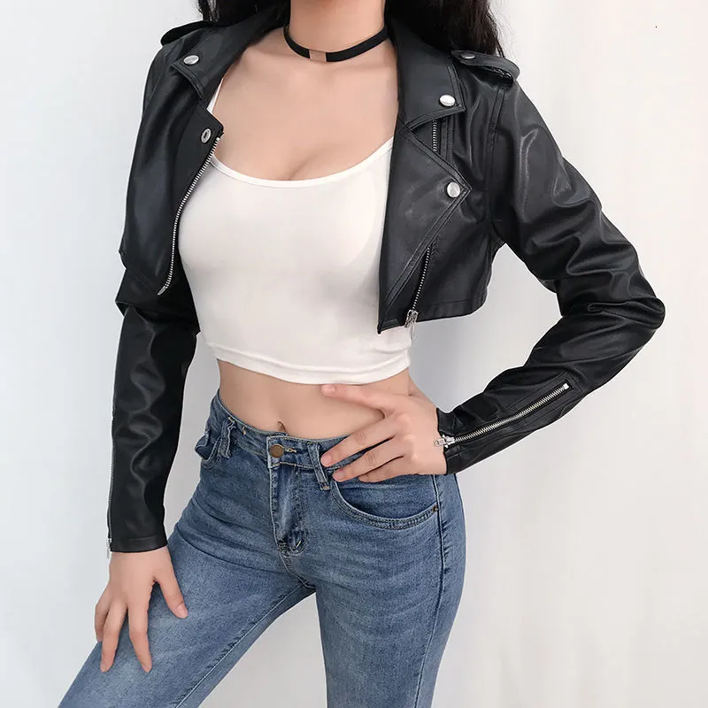 Streetwear Womens Faux Black PU Crop Ladies Summer Jackets With Punk Style Long Sleeves Turn Down Zipper And Short Fashion Style 230418 From Mu04 18.77 DHgate.Com