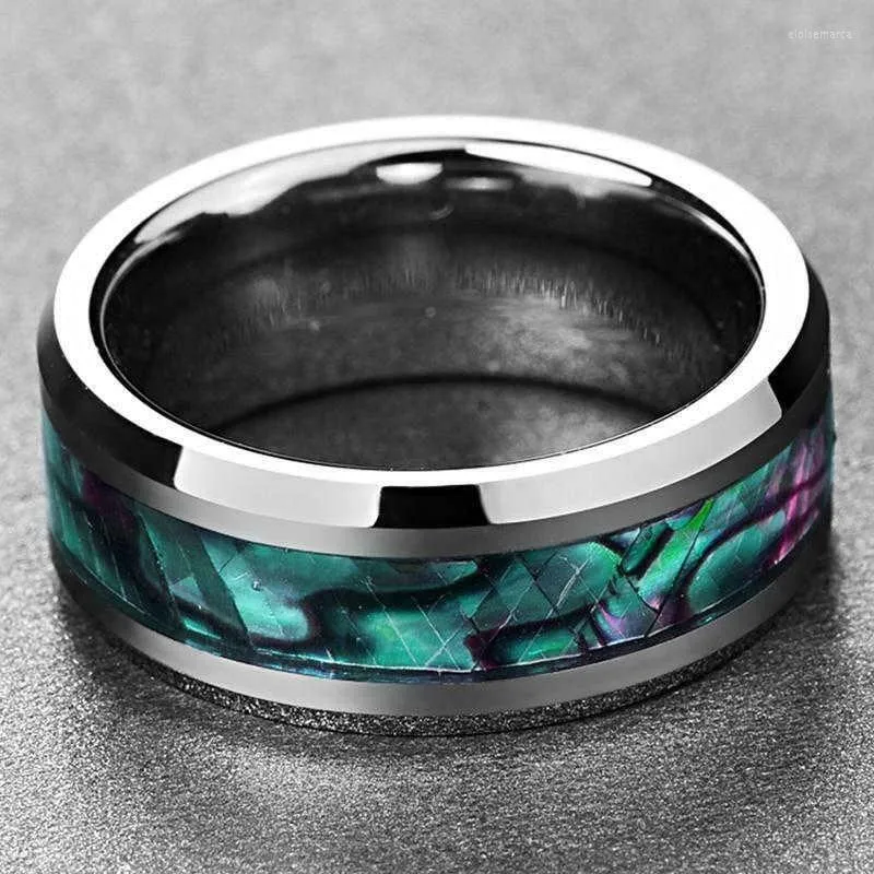 Bröllopsringar smycken ring titanstål 8mm skal avfasad karbid inlagd abalon män