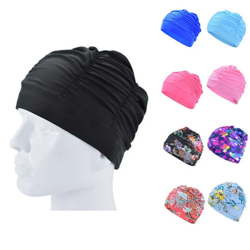 Swimming caps 1PC Women's Swimming Cap High Elastic Nylon Swim Cap Adult Beach Hats Free Size Printed Long Hair Swim Pool Ear Protection Cap P230418