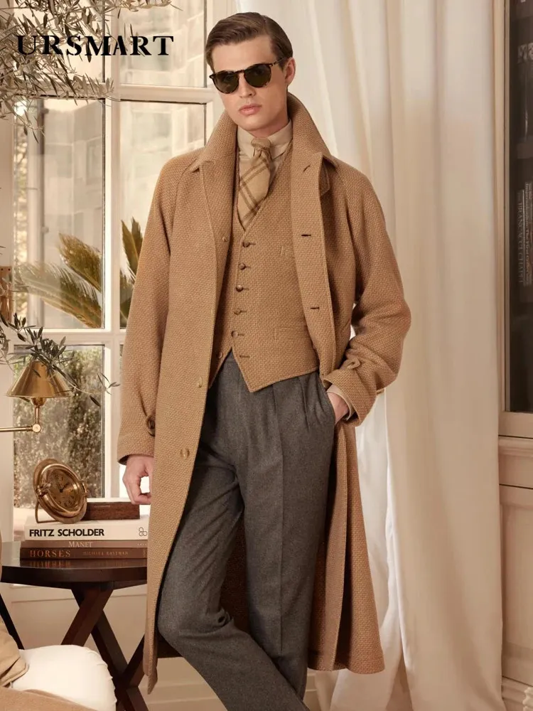 Mens Classic Camel Wool Coat with Detachable Down Jacket Long