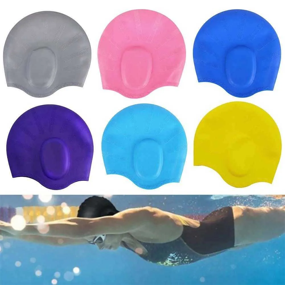 Bonnets de natation Imperméables Adultes Bonnets De Natation Silicone Élastique Oreilles Protecteur Hommes Femmes Cheveux Longs Sport Piscine Cap Chapeau Fournitures De Plongée P230418