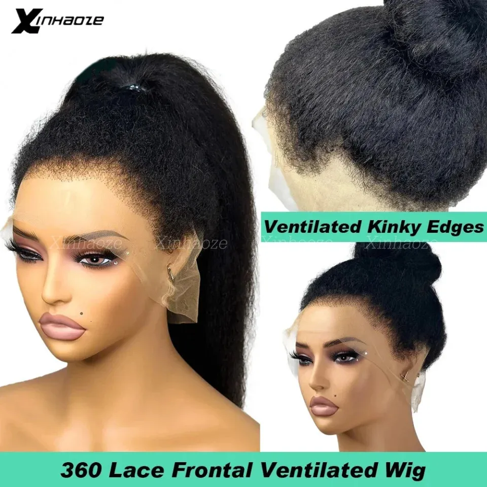 Synthetic Wigs 4C Kinky Edges Natural Hairline Wig Straight HD Lace Full Human Hair With Curly Baby Around High tail 231113