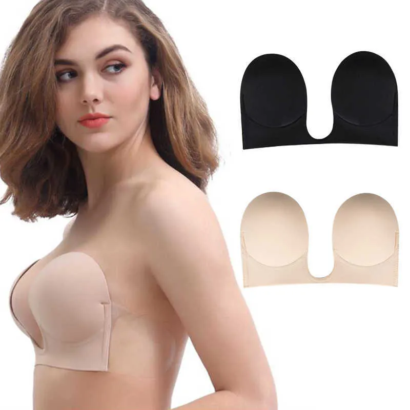 Bras invisível push up sutiã strapless vestido festa de casamento de casamento pegajoso de silicone auto-adesivo respirável profundo u sutiã p230417