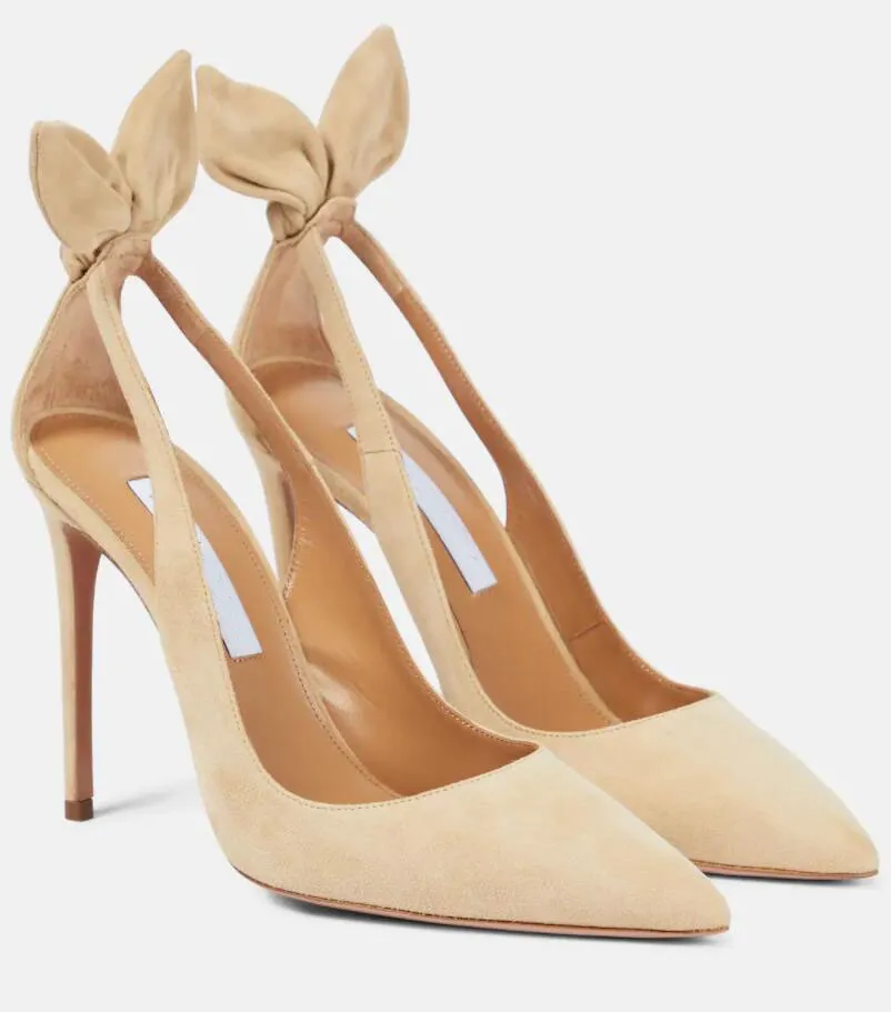 Luksusowy projektantki sandałowe Kobiety Pumps Aquazzura- Bow Tie Pump Suede Skórzana skóra wycięta palca wycięcia Lady Wedding Bride Buty EU35-43