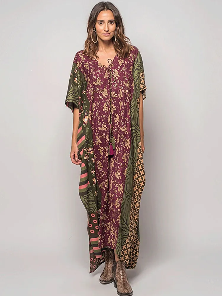 Kvinnors badkläder Boho Dress V Neck Beach Cover Up Pareo Maxi Dress Women Long Summer Dress Swimsuit Cover Up Robe Plage Kaftan Dress Beachwear 230417