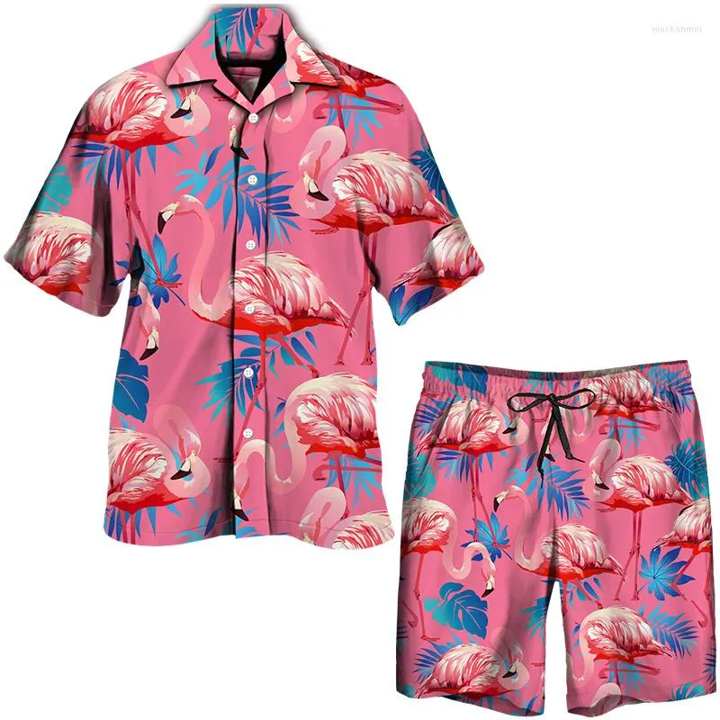 Herren Trainingsanzüge 2023 Sommer Hawaiian Set Herren Damen Flamingo Print Kurzarm Button-Down Revers Hemd/Shorts/Anzug Casual Urlaub