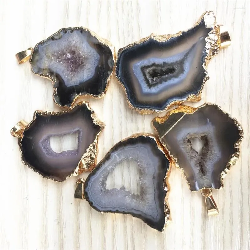 Pendentif Colliers Pierre Naturelle Brésilienne Électrolytique Bordée Tranche Ouverte Agates Brunes Géode Drusy Druzys Pendentifs Pour Collier Bijoux