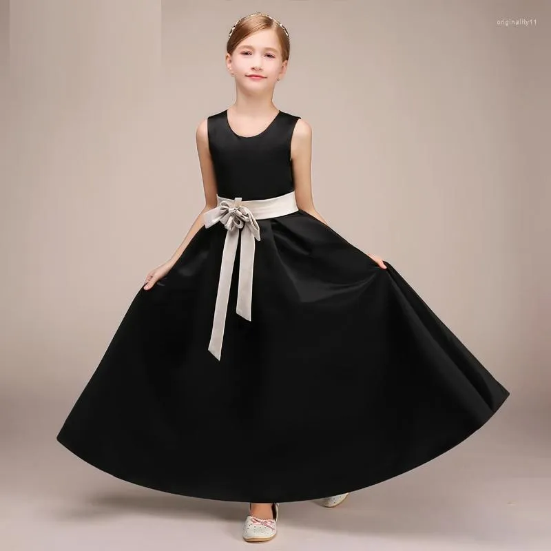 Девушка платья для фортепиано, костюм, вечерние детские юбки принцесса черный элегантный атласный цветок