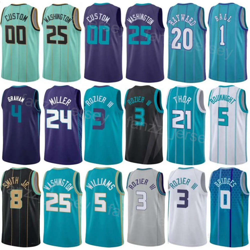 Maillots de basket-ball imprimés City Terry Rozier 3 Gordon Hayward 20 Mark Williams 5 Brandon Miller 24 LaMelo Ball 1 Association Icon Team Chemise respirante homme femme