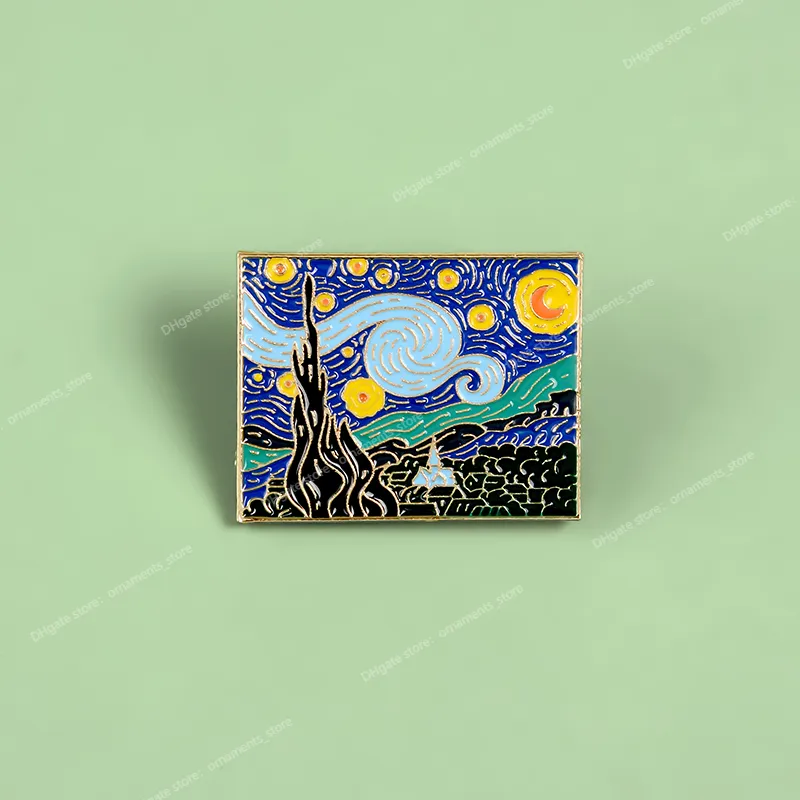 Van Goghs mästerverk målningar Starry Sky Brosch Romantic Illusion Artworks Sunset Mountain Village Emamel Pins Jewelry Fashion Jewelbrooches Jewelry