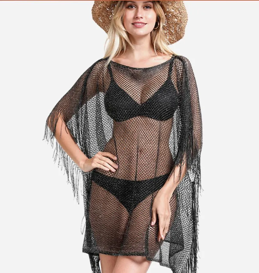 Fashion Women's Mesh Swimwear Cover Up Dress Tassel Sexy Fishnet Bikini Beach Blouse Plus Size Black Gold Sier