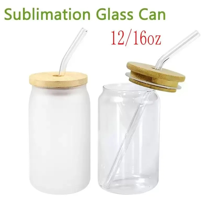 Mugs 12oz/16oz Sublimation Glass Can Tumbler Clear Frosted Jar With Bamboo Lid Wide Mouth Beer Cup