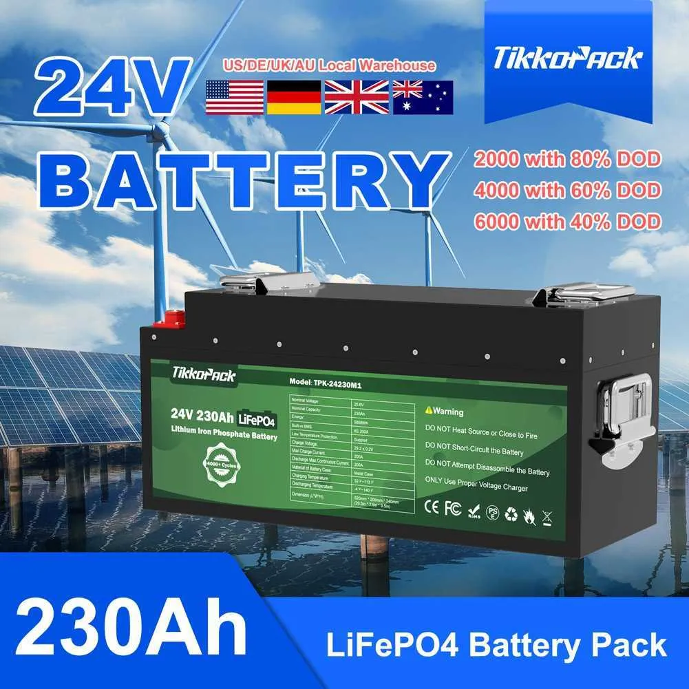 Tikkopack 24 V 230AH LifePo4 Pack 25,6 V lit jon fosforan batterie 4000 Cykl wbudowany 200A BMS Off Grid Eu Us Bez podatku